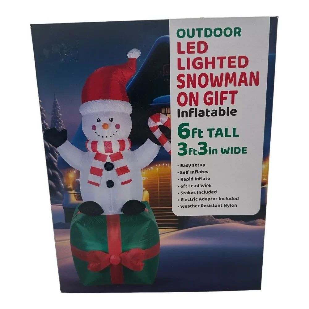 6 FT Christmas Inflatable Snowman on Gift Present‎ Red Santa Hat LED Lighted NEW